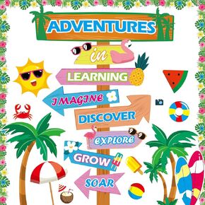 Summer Adventures in Learning Bulletin Board Classroom Decoration Summer Beach Signpost Bulletin Board Set Supplies Surfboard Flamingo Paper Cutout Decoration for Summer Back to School Wall Door Decor