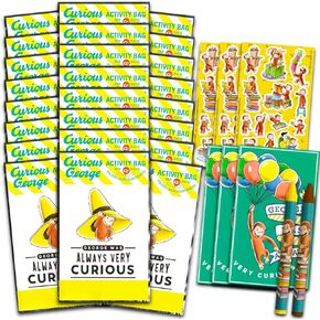 تفضلات George Mini Party Fort For Kids - حزمة مع 24 Mini George Geor Grab N Go Play مع صفحات التلوين والملصقات والمزيد (لوازم حفلة عيد ميلاد جورج الغريبة)