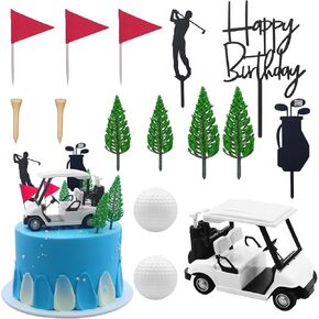 Memovan Golf Cake Decorations Golf Birthday Cake Toppers Mini Golf Cart Toy Golf Thisp Decorations مع TRAIL CART FLAG GRAW GRAY TREE