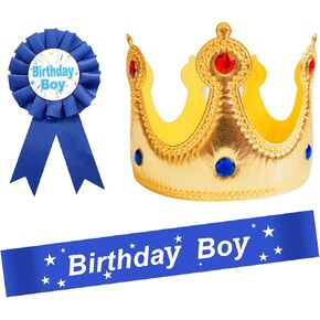مستلزمات حفلات عيد ميلاد Blmhtwo الأزرق - 3pcs Boy Sash ، و Crown Hat ، و Pin for Kids theme set up set set