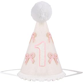 Bow 1st Birthday Crown - Pink Bow Cone Hat for Girls' 1st Birthday Party