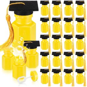 Jerify 24 PCS التخرج الزجاجات المصغرة الصفراء الفقاعة ، زجاجات فقاعة التخرج مع غطاء القبعات العليا تاسل Gold Tassel 2025 FAVORS FAVORS تهنئة لوازم الحفلات ، تحتوي على سائل