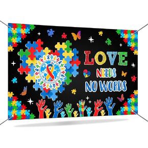 Mocsicka Autism Awareness Banner Love Needs No Words Autism Backdrop Loveheart Puzzle Pieces Autism Awareness Decorations Banner Photo Props 70.8 x 43.3 Inch