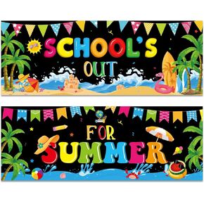 2PCS School's Out for Summer Banner Posters 40 × 14.5 بوصة ديكور ترحيب الجدار ديكور آخر لافتات العطلات الحفلات المدرسية لمستلزمات الاحتفال بنشرات الفصول الدراسية في مرحلة ما قبل المدرسة