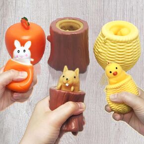 Squeeze Toys Squirrel in Log, Fidget Stress Toys Animal Stuffed for Easter Gag Decompression, Sensory Squishes Toy Pop Out Cute Rubber Chicken Rabbit for Tricky &Fun Squeeze - Set of 3 Pcs