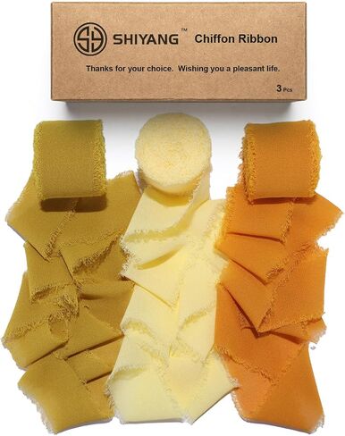 3-roll 1.5in x 3.5Yd Chiffon Ribbons Soft Handmade Fringe Frayed Edged Bridal Bouquets Wedding Invitation Decor(Yellow) in Saudi Arabia