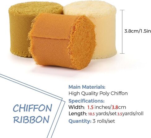 3-roll 1.5in x 3.5Yd Chiffon Ribbons Soft Handmade Fringe Frayed Edged Bridal Bouquets Wedding Invitation Decor(Yellow) in Saudi Arabia