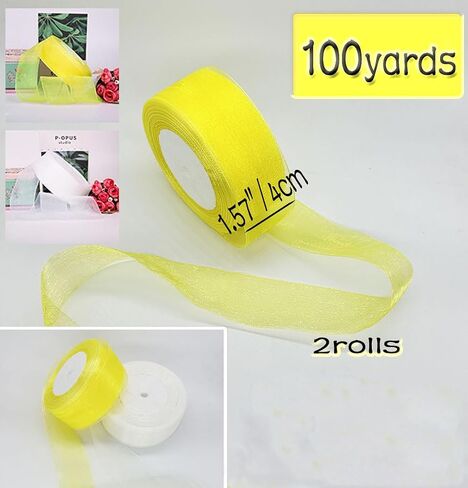 1.6" x 100Yd Organza Ribbon White Yellow Sheer Chiffon Ribbons Set Craft Decorative Ribbon for Gift Wrapping Flower Bouquet Wedding Invitations Birthday Party Decoration DIY Crafts Bows in Saudi Arabia