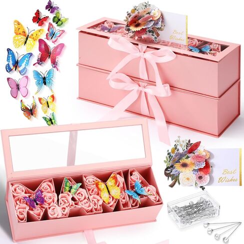 جيلبروب مجموعتان من صندوق زهور الأم، صندوق قابل للتعبئة، صندوق هدايا على شكل حرف أمي مع قطعتين ثلاثية الأبعاد من بطاقة أفضل التمنيات، 50 دبابيس باقة كريستال، 24 فراشة ثلاثية الأبعاد لترتيبات هدايا الزهور الفاخرة in Kuwait