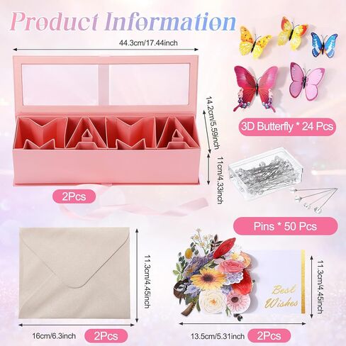 جيلبروب مجموعتان من صندوق زهور الأم، صندوق قابل للتعبئة، صندوق هدايا على شكل حرف أمي مع قطعتين ثلاثية الأبعاد من بطاقة أفضل التمنيات، 50 دبابيس باقة كريستال، 24 فراشة ثلاثية الأبعاد لترتيبات هدايا الزهور الفاخرة in Kuwait