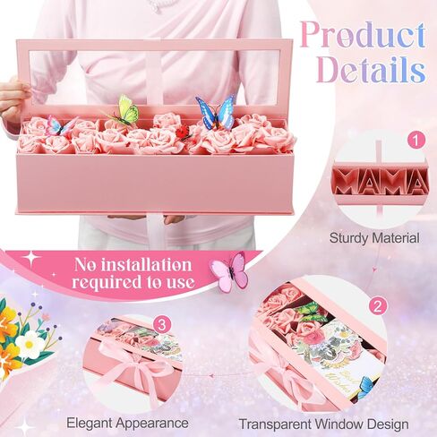 جيلبروب مجموعتان من صندوق زهور الأم، صندوق قابل للتعبئة، صندوق هدايا على شكل حرف أمي مع قطعتين ثلاثية الأبعاد من بطاقة أفضل التمنيات، 50 دبابيس باقة كريستال، 24 فراشة ثلاثية الأبعاد لترتيبات هدايا الزهور الفاخرة in Kuwait