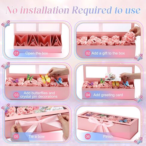 جيلبروب مجموعتان من صندوق زهور الأم، صندوق قابل للتعبئة، صندوق هدايا على شكل حرف أمي مع قطعتين ثلاثية الأبعاد من بطاقة أفضل التمنيات، 50 دبابيس باقة كريستال، 24 فراشة ثلاثية الأبعاد لترتيبات هدايا الزهور الفاخرة in Kuwait