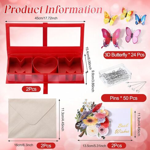 Gilprop 2 Sets Mom Flower Box Mom Fillable Box Mom Letter Shaped Letter Gift Box with 2 Pcs 3D Best Wish Card 50 Crystal Bouquet Pins 24 3D Butterfly for Luxury Style Flower Gift Arrangements in Saudi Arabia