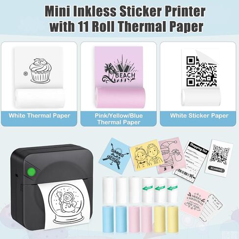 Mini Sticker Printer,Mini Pocket Thermal Printer with 11 Rolls Paper,Bluetooth Inkless Printer Compatible with Android & iOS,Portable Receipt Printer for Photo,Journal,Memo,Travel,Purple in Kuwait