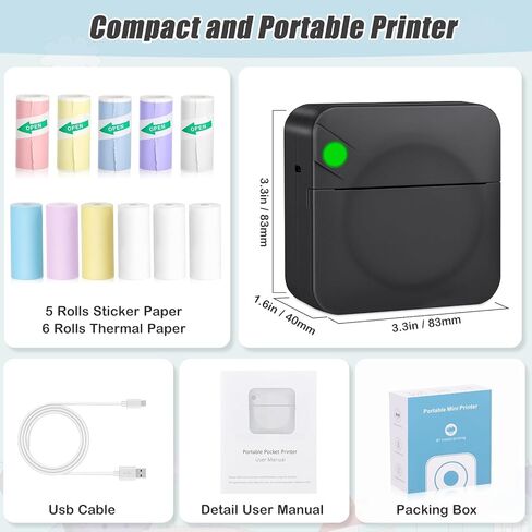 Mini Sticker Printer,Mini Pocket Thermal Printer with 11 Rolls Paper,Bluetooth Inkless Printer Compatible with Android & iOS,Portable Receipt Printer for Photo,Journal,Memo,Travel,Purple in Kuwait