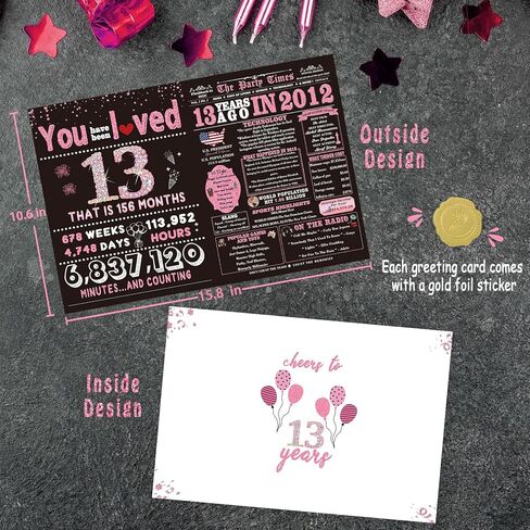 13th Birthday Card Gifts for Daughter, Niece, Granddaughter, 13th Birthday Decorations for Girls, Large Birthday Card for 13 Year Old, Funny Back in 2012 Birthday Card, Rose Pink Gold in Kuwait
