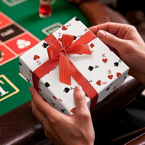 RUSPEPA Poker Wrapping Paper Roll, Mini Roll, Red Black Playing Card Suit Design, Funny Gamble Gift Wrap Paper Perfect for Casino-Themed Party, Poker Night and Card Game Lovers, 17 Inches X 16.4 Feet in Kuwait