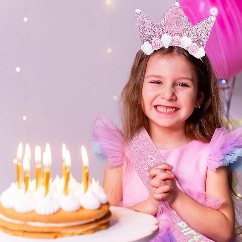 AOZUO Birthday Princess Headband and Sash Set, Glitter Flower Tiara Crown Headband Happy Birthday Party Outfit Decor in Saudi Arabia