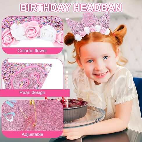 AOZUO Birthday Princess Headband and Sash Set, Glitter Flower Tiara Crown Headband Happy Birthday Party Outfit Decor in Saudi Arabia