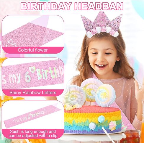 AOZUO Birthday Princess Headband and Sash Set, Glitter Flower Tiara Crown Headband Happy Birthday Party Outfit Decor in Saudi Arabia