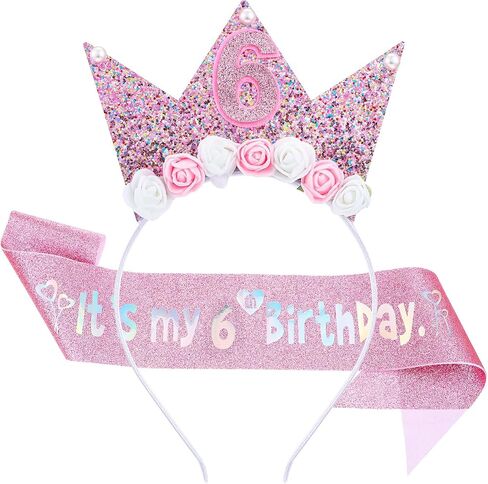 AOZUO Birthday Princess Headband and Sash Set, Glitter Flower Tiara Crown Headband Happy Birthday Party Outfit Decor in Saudi Arabia