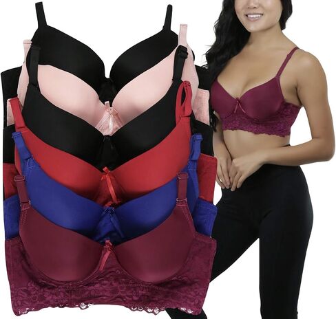 ToBeInStyle Women's Pack of 6 Full Cup Padded Bras - Front Ribbon Accent w/Detachable String - White - 34B in Kuwait