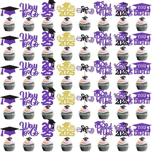 Graduation Cupcake Toppers 2025 Graduation Decorations Class of 2025 Cupcake Picks Grad Cupcake Toppers 2025 Congrats Party Decorations 2025 (40Pcs Purple Glitter) in Kuwait