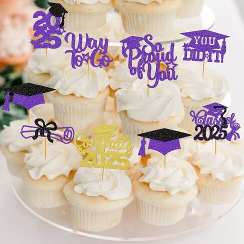 Graduation Cupcake Toppers 2025 Graduation Decorations Class of 2025 Cupcake Picks Grad Cupcake Toppers 2025 Congrats Party Decorations 2025 (40Pcs Purple Glitter) in Kuwait