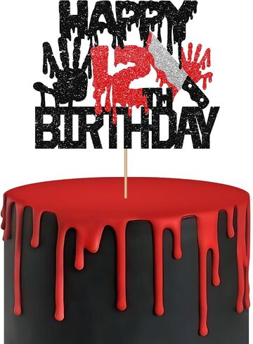 Killer Happy 12th Birthday Cake Topper, Zombie Bloody Friday Cake Decor, Black Glitter Have A Killer Birthday Cake Topper for kids, Horror Themed 12 Years Old Party Decorations in Saudi Arabia