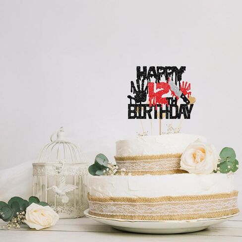 Killer Happy 12th Birthday Cake Topper, Zombie Bloody Friday Cake Decor, Black Glitter Have A Killer Birthday Cake Topper for kids, Horror Themed 12 Years Old Party Decorations in Saudi Arabia