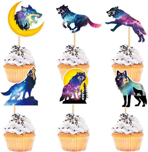 Ercadio 24 PCS Black Wolf Cupcake Toppers Silhouette Black Glitter Cupcake Topper Wolf Cupcake Decoration Picks Animal Theme for Baby Shower Kids Birthday Party Decoration Supplies in Saudi Arabia