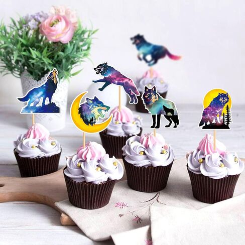 Ercadio 24 PCS Black Wolf Cupcake Toppers Silhouette Black Glitter Cupcake Topper Wolf Cupcake Decoration Picks Animal Theme for Baby Shower Kids Birthday Party Decoration Supplies in Saudi Arabia