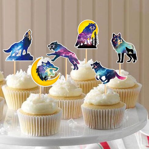 Ercadio 24 PCS Black Wolf Cupcake Toppers Silhouette Black Glitter Cupcake Topper Wolf Cupcake Decoration Picks Animal Theme for Baby Shower Kids Birthday Party Decoration Supplies in Saudi Arabia