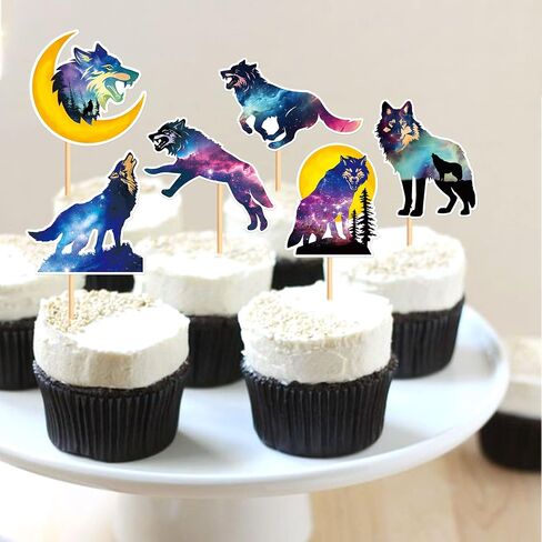 Ercadio 24 PCS Black Wolf Cupcake Toppers Silhouette Black Glitter Cupcake Topper Wolf Cupcake Decoration Picks Animal Theme for Baby Shower Kids Birthday Party Decoration Supplies in Saudi Arabia