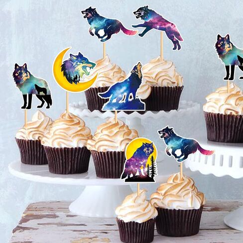 Ercadio 24 PCS Black Wolf Cupcake Toppers Silhouette Black Glitter Cupcake Topper Wolf Cupcake Decoration Picks Animal Theme for Baby Shower Kids Birthday Party Decoration Supplies in Saudi Arabia