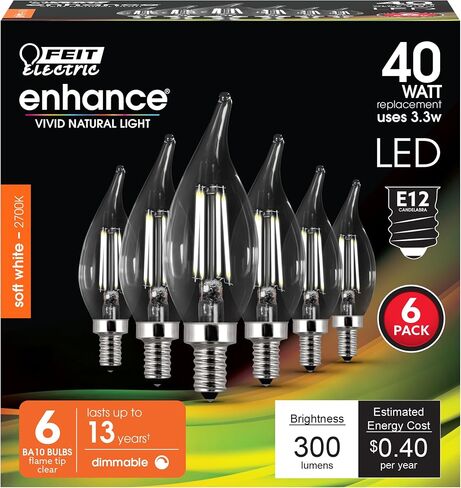 لمبة إضاءة LED من Feit Electric CFC40/927CA/FIL/6 40 وات EQ DM CA10 LED، 6 عبوات in Kuwait