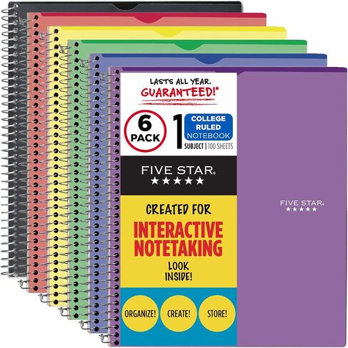 Five Star Interactive Notetaking, 1 Subject, College Ruled Spiral Notebooks, 100 Sheets, 11" x 8-1/2", Customizable, 6 Pack (38593) in Saudi Arabia