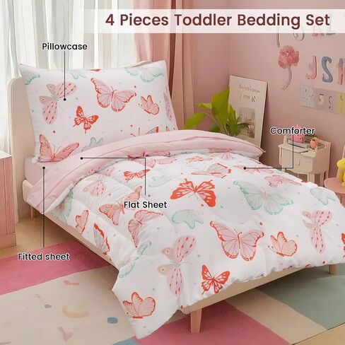 david's kids 4 Piece Toddler Bedding Set - Soft Breathable Toddler Bedding Set for Boys Girls, Includes Quilted Comforter, Flat Sheet, Fitted Sheet and Pillowcase, Dinosaur Navy in Kuwait