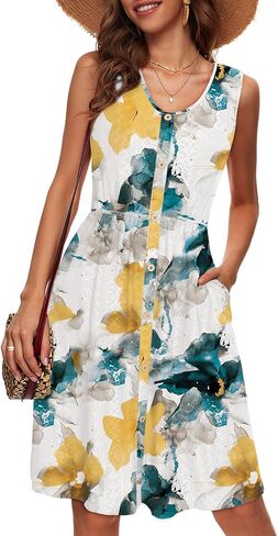 Simplee Womens Sleeveless Eyelet Summer Dress Casual Button Down Short Sundress Beach Tank Mini Dress with Pockets in Kuwait