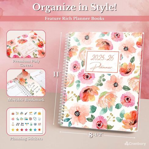 CRANBURY 2025-2026 Planner Book 8.5x11 (Floral), 12 Months, July 2025 to June 2026, Large Weekly Daily Planner, Calendar Notebook, 8x11 Agenda, Monthly Tabs, Stickers in Saudi Arabia