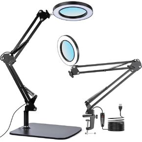 15X Real Glass Lens Magnifying Glass with Light – 3 Color Modes & Adjustable Brightness, Hands-Free Magnifier with Metal Base & Clamp for Crafts, Repair, Reading, Sewing, Painting & Close Work
