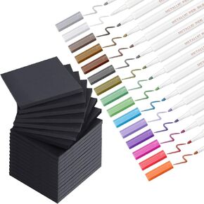 Eersida 27 Pack Notes Black Sticky Notes و Metallic Pens 12 Pack 3 × 3 بوصات ملتصقة بلغ 600 صفحة و 15 معدنًا ملونًا للمدرسة المكتبية.