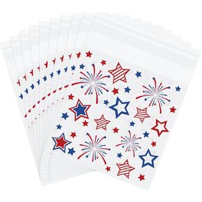 JARTHENAAMCS 320PCS 4 يوليو أكياس للاصوص ذاتي - نجم وطني للألعاب النارية السيلوفان صافي حلوى البلاستيك جيدا لاستقلال هدية الحفلات اللوازم
