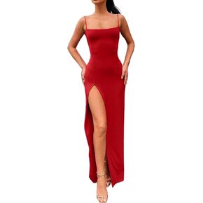 ALCEA ROSEA Womens Satin Dress Backless Spaghetti Strap Cocktail Dress Wedding Guest Evening Party Midi Dresses with Slit in Kuwait