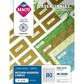 Maco Laser/Ink Jet White Address Labels ، 1/2 × 1-3/4 بوصات ، 80 لكل ورقة ، 8000 لكل صندوق (ML-8100)