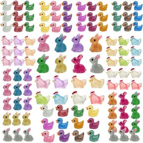 96pcs Mini Resin Animal Figurines, Glitter Glowing Duck Bunny Chicken, Aquarium Dollhouse Decor