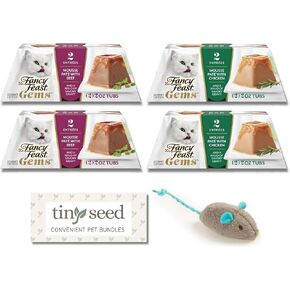 Mousse Pate Wet Cat Food. Fancy Feast Gems Mousse Pate Variety Pack. 4-Pack Sampler Includes 1 Each of Tuna, Salmon, Chicken, and Beef. Complimentary Mouse Toy. Convenient Pet Bundles.