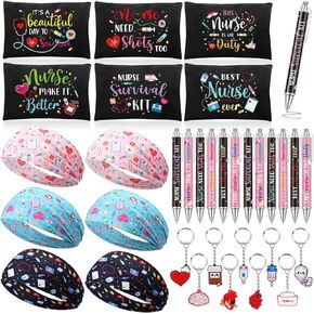 Harloon 39 Pcs Nurses Week Gifts Bulk 2025 Nurse Pens Cosmetic Bags Keychains Headbands Funny Nurse Appreciation Gifts Set 2025 for Women Students Lab Week Medical Doctor Party Favors Supplies