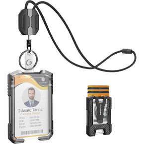 Oaridey Retractable Lanyard with Badge Holder, Badge Reel with 16'' Dyneema Cord, Keychain, Keyring, ID Card Holder, Holds 5 Cards and 10 Cash, Safety Breakaway Buckle, Bearing 4.0 oz, Black