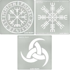 Aleks Melnyk No.487 Viking Stencil, Rune Symbols, Celtic Metal Patterns, Bindrune, Odin's Horn, Triple Horn Symbol, Vegvisir Compass, Galdrastafir are Magical Stave Helm of Awe, Aegishjalmur